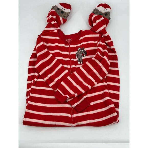 Nick & Nora Pajamas Womens One Piece Footie Red Stripe Sock Monkey Fleece Small - Picture 1 of 7